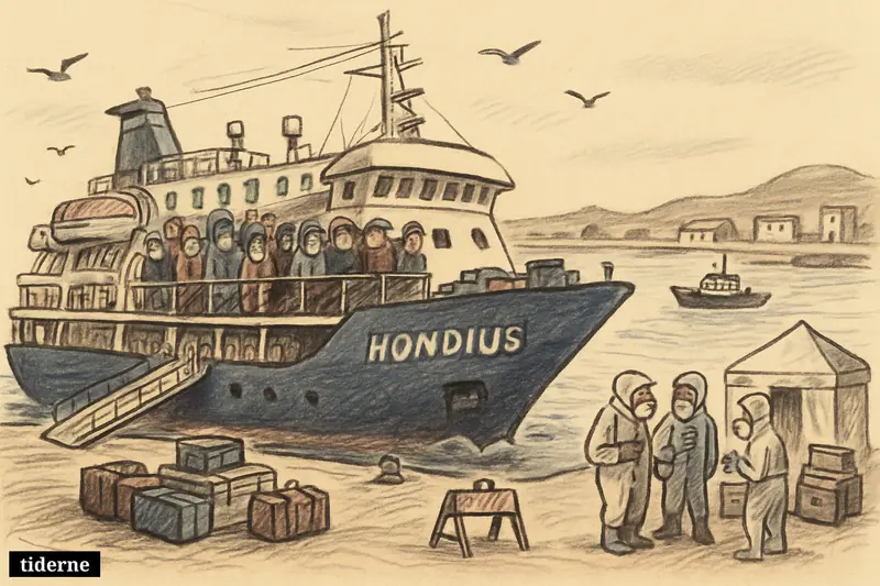 A quarantined expedition ship waits offshore as masked passengers watch health officials and a patrol boat block entry to harbor.
