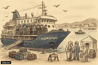 A quarantined expedition ship waits offshore as masked passengers watch health officials and a patrol boat block entry to harbor.