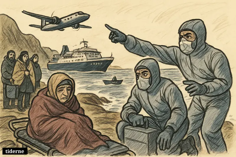A remote island medical evacuation scene with a sick patient, protective-suited medics, anxious travelers, a ship offshore, and rescue transport approaching.