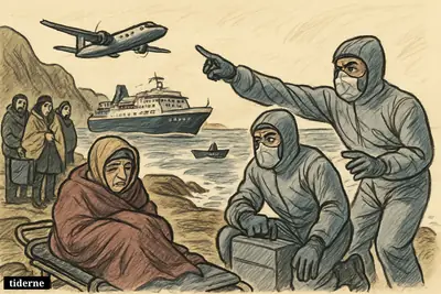 A remote island medical evacuation scene with a sick patient, protective-suited medics, anxious travelers, a ship offshore, and rescue transport approaching.
