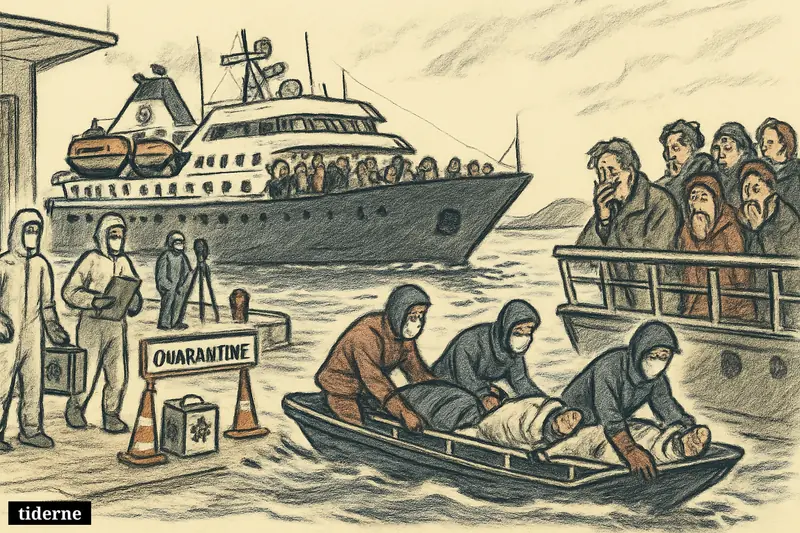 An expedition cruise ship leaves port as three patients are evacuated by rescue boat while masked medics and health officials manage an outbreak.