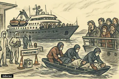 An expedition cruise ship leaves port as three patients are evacuated by rescue boat while masked medics and health officials manage an outbreak.