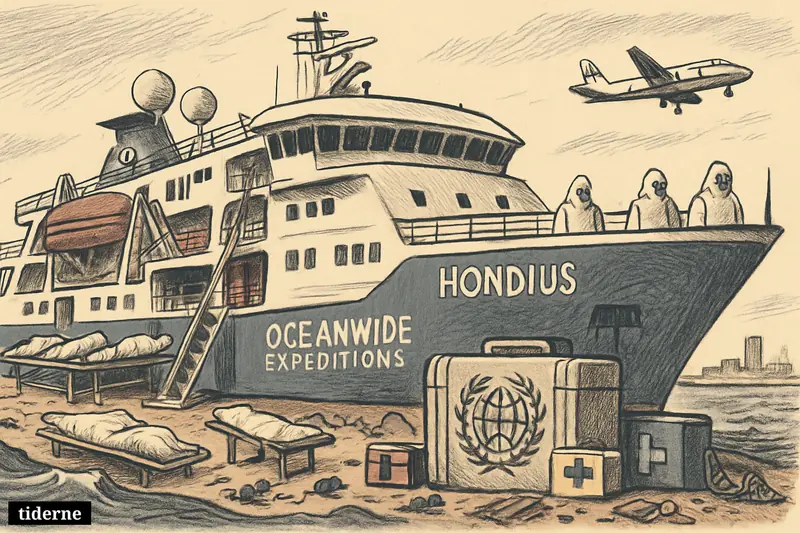 An expedition ship at sea under quarantine, with medical gear, sealed cabins, and outbreak symbols suggesting a deadly hantavirus emergency.
