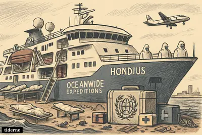 An expedition ship at sea under quarantine, with medical gear, sealed cabins, and outbreak symbols suggesting a deadly hantavirus emergency.
