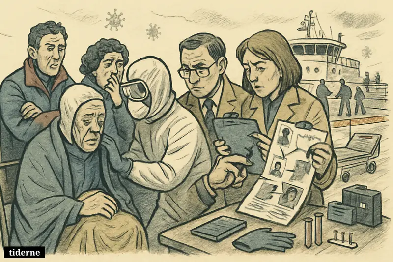Passengers and medics on a ship deck during a suspected hantavirus outbreak, with health officials tracing contacts and separating worried travelers.