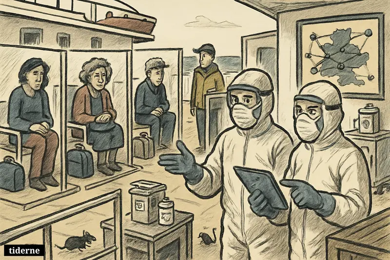Six isolated ship passengers watched by health workers on deck, with medical equipment, tracing materials, and subtle rodent hints aboard a vessel.