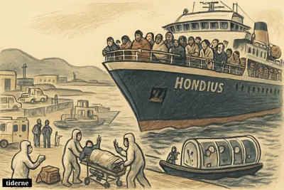 A large expedition ship nears a Canary Islands harbor as medics, rescue boats, and anxious passengers prepare for medical evacuation.
