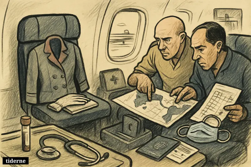An airplane cabin scene with medical test items, an absent stewardess seat, and health officials tracing a suspected infection route.