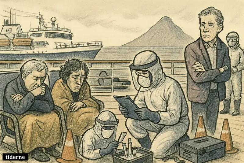 Three cruise passengers are assessed by health officials on a ship deck, with two appearing sick and a distant island beyond the rail.