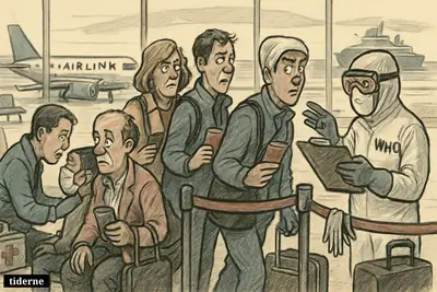 An airport screening scene shows worried passengers, a WHO health worker, an Airlink plane outside, and a distant expedition ship.