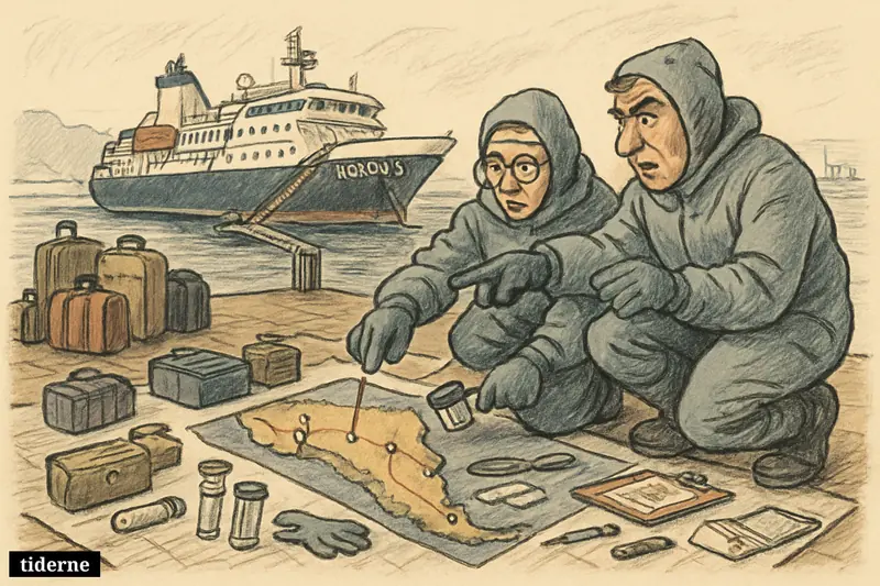 Investigators at a dock trace a hantavirus route between an expedition ship and maps of South America with travel gear and lab tools.