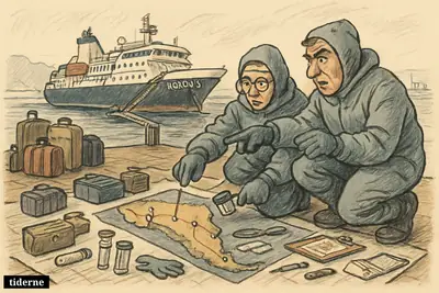 Investigators at a dock trace a hantavirus route between an expedition ship and maps of South America with travel gear and lab tools.