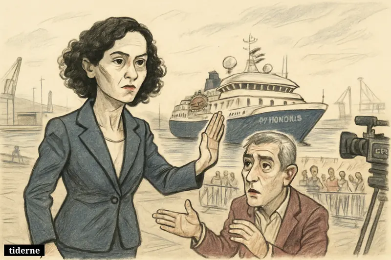 Caricature of Spain’s health minister and Canary Islands president at a Tenerife dock as a virus-hit expedition ship prepares to berth.