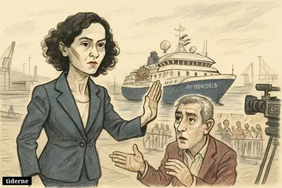 Caricature of Spain’s health minister and Canary Islands president at a Tenerife dock as a virus-hit expedition ship prepares to berth.