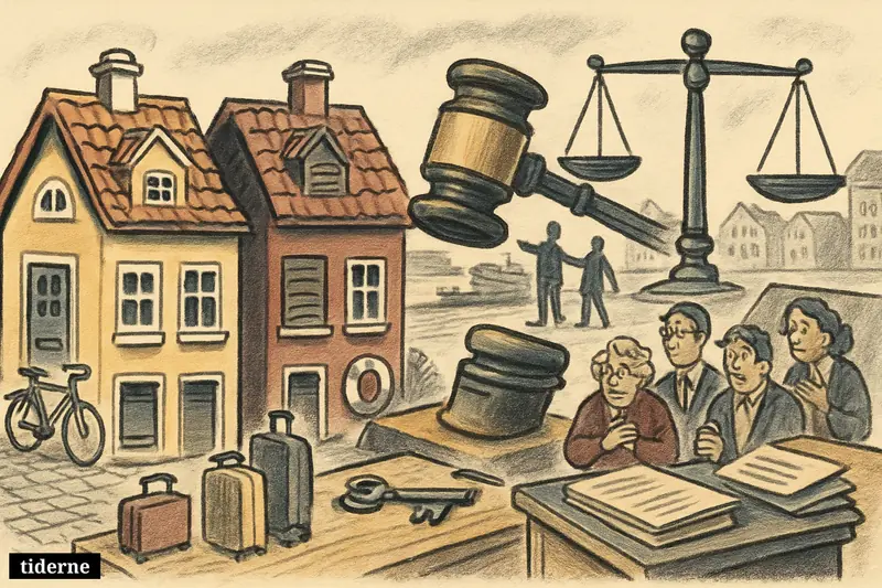 Three seaside houses face municipal legal symbols as residents and tourists stand in tension over housing rules in a Danish holiday town. (AI-genereret illustration)