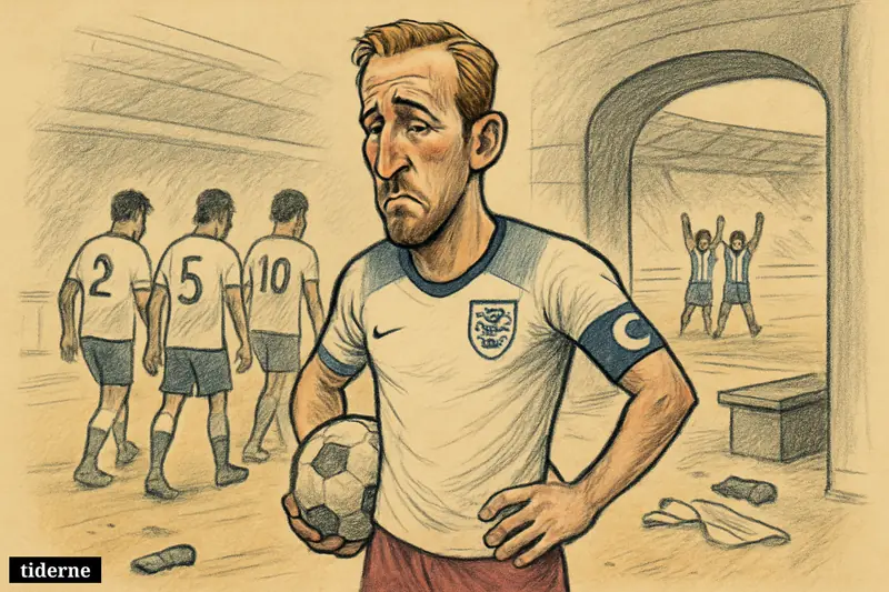 Harry Kane stands dejected in an England kit after semifinal defeat, while teammates retreat and Argentina players celebrate in the distance. (AI-genereret illustration)