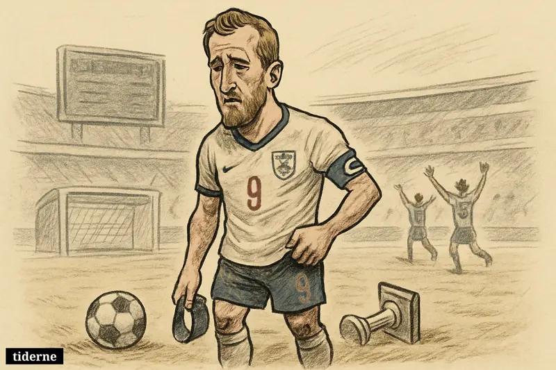 Caricature of Harry Kane alone on the pitch after England’s semifinal loss, while Argentina players celebrate in the distance. (AI-genereret illustration)