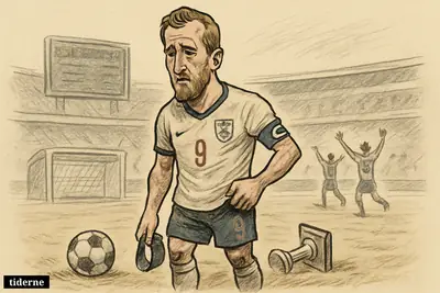 Caricature of Harry Kane alone on the pitch after England’s semifinal loss, while Argentina players celebrate in the distance. (AI-genereret illustration)