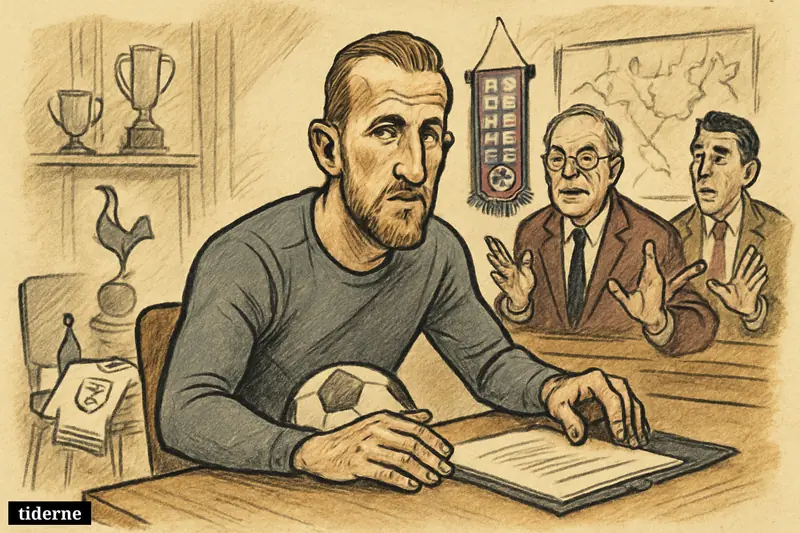 Harry Kane sits at a contract table with Bayern officials, while distant Tottenham symbols and abandoned England tournament items suggest his next move. (AI-genereret illustration)