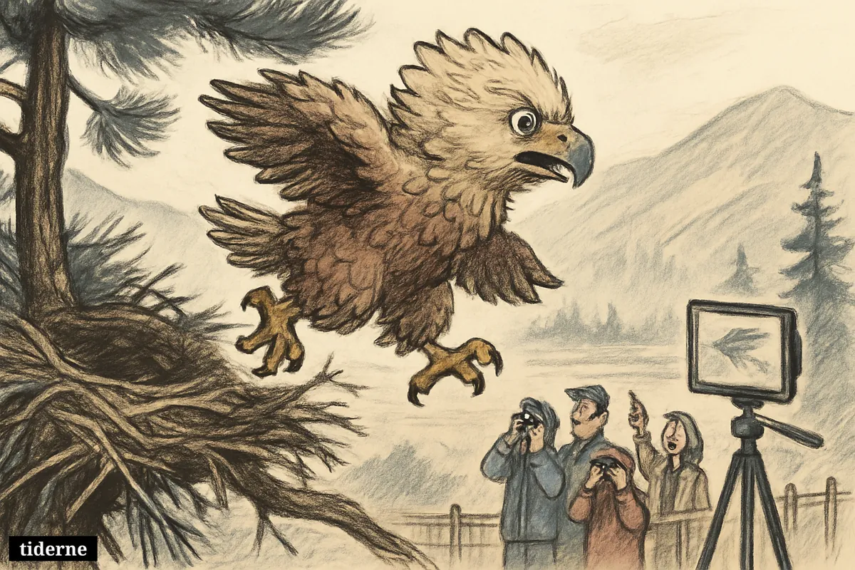 Young bald eagle Luna leaps from a nest for her first flight as birdwatchers and a livestream camera observe below in Big Bear Valley.