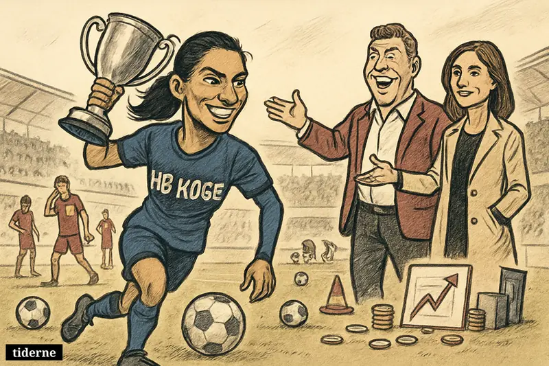 Nadia Nadim celebrates with a trophy on the pitch as Chris and Angie Long cheer behind her and defeated opponents linger nearby.