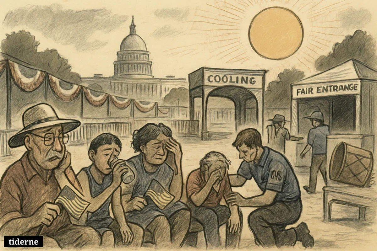 Overheated visitors slump near a cancelled July 4 celebration on the National Mall as medics assist people under an oppressive sun.