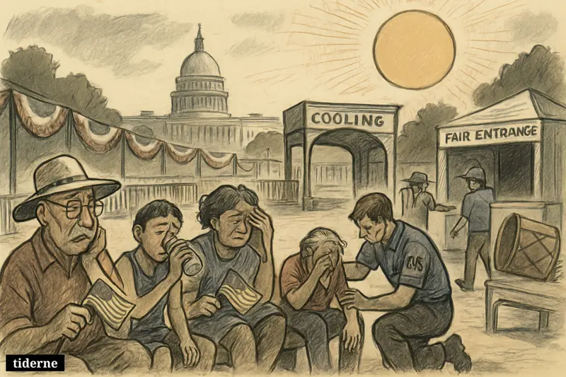 Overheated visitors slump near a cancelled July 4 celebration on the National Mall as medics assist people under an oppressive sun.