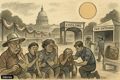 Overheated visitors slump near a cancelled July 4 celebration on the National Mall as medics assist people under an oppressive sun.