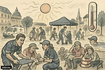 Emergency responders and families struggle through an intense European heatwave in a city plaza with cooling stations, rescue gear, and medical activity.