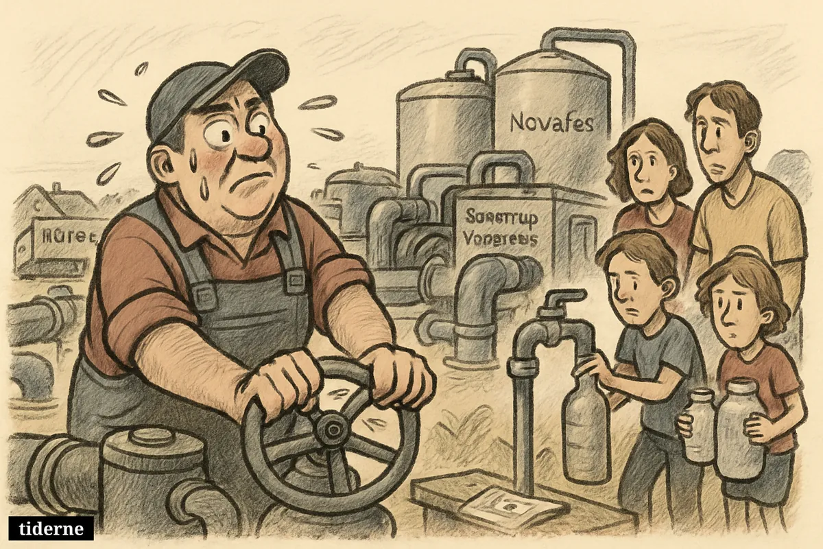 A sweating waterworks operator strains at a valve while a family fills bottles at a tap during a Danish heatwave. (AI-genereret illustration)