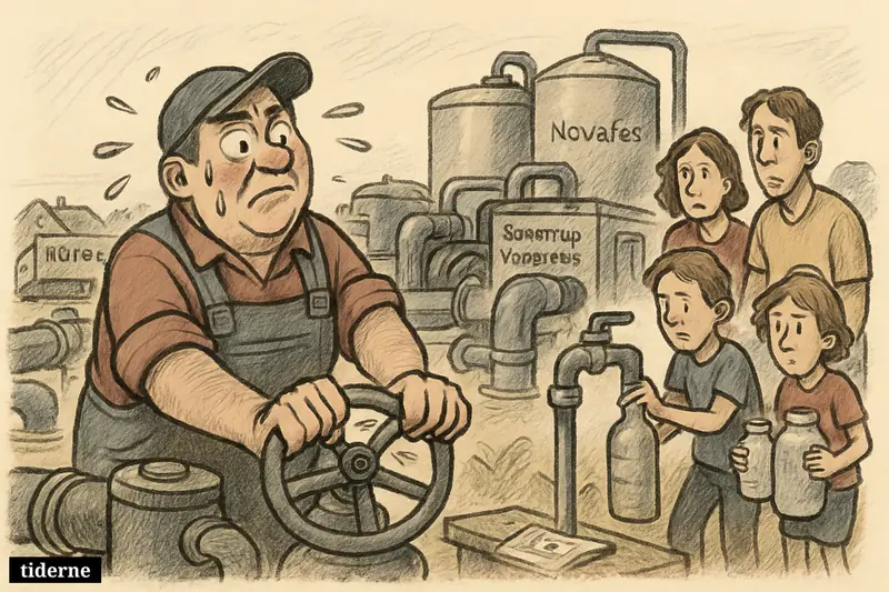 A sweating waterworks operator strains at a valve while a family fills bottles at a tap during a Danish heatwave. (AI-genereret illustration)