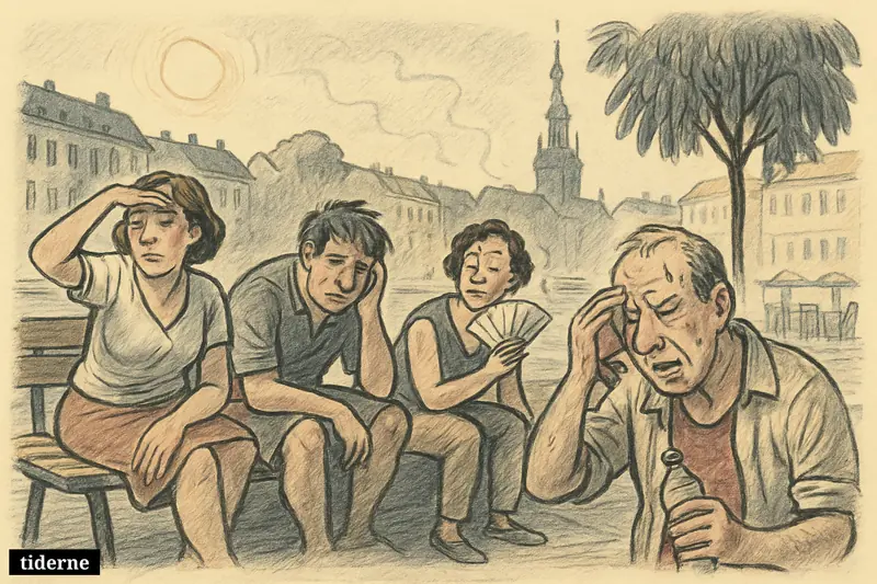 Exhausted people in central Copenhagen struggle through a humid heat wave, sweating on a bench beside hot pavement and a sparse canal-side streetscape.