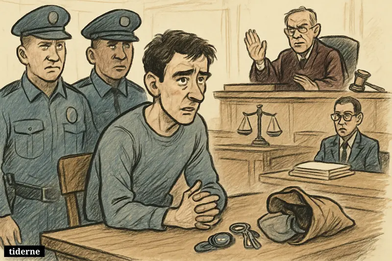 A courtroom caricature shows a tense young man sentenced as officers stand behind him and a judge presides over the hearing. (AI-genereret illustration)