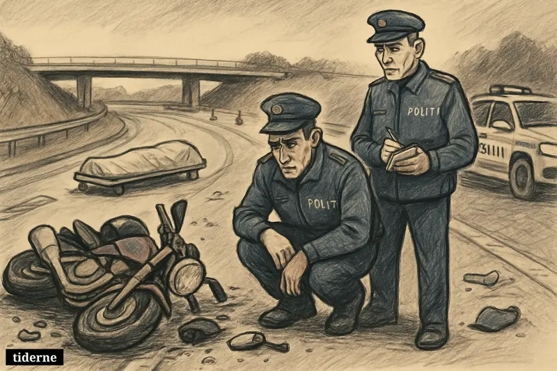 Police investigate a crashed motorcycle on a motorway at night, with debris, cones, a stretcher, and an empty road near Gentofte.
