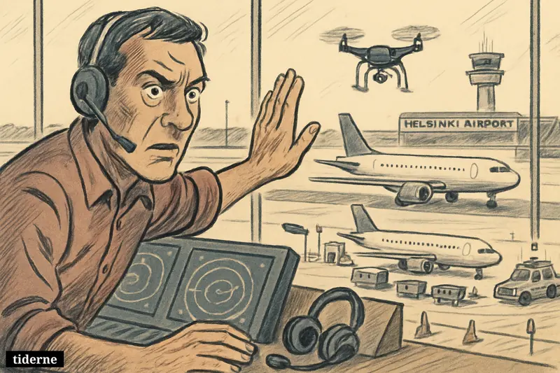 A tense airport control room overlooks halted jets on the runway while a small drone hovers dangerously near Helsinki Airport.