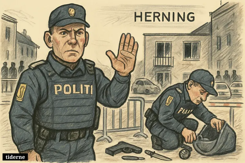 Two police officers enforce a search zone on a Herning street with damaged homes, evidence on the pavement, and rival groups in the distance.