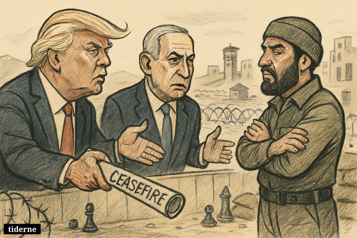 Trump and Netanyahu confront a defiant Hezbollah representative at a fortified border barrier amid signs of conflict and failed ceasefire talks.