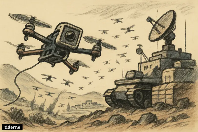 Small FPV drones swarm toward a fortified border air-defense position, highlighting cheap drone warfare against expensive military targets.