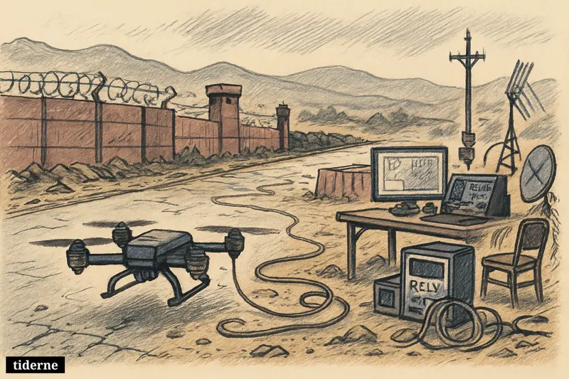 A tethered FPV drone hovers over a border road, trailing fiber-optic cable past surveillance gear and damaged frontier defenses.