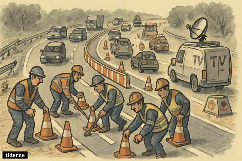 Road workers convert a hazardous motorway to one lane each way as traffic slows past barriers, a news van, and a roadside memorial.