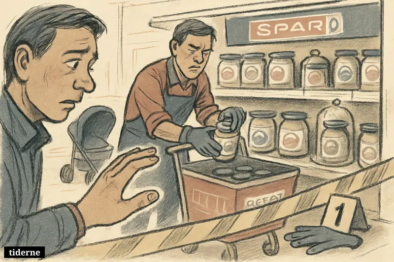 A grocery aisle shows recalled baby food jars, a cautious parent, a worker removing products, and subtle signs of tampering investigation.