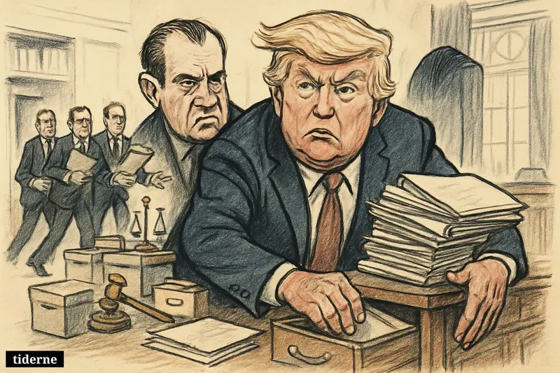 Caricature of Trump guarding piles of presidential papers as Nixon looms nearby and historians advance with legal documents in a White House archive setting.