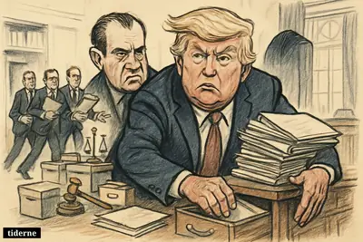 Caricature of Trump guarding piles of presidential papers as Nixon looms nearby and historians advance with legal documents in a White House archive setting.