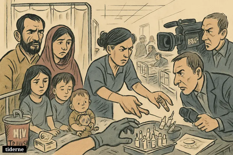 Caricature hospital scene with worried families, sick children, unsafe syringe reuse, and a TV news crew documenting conditions in Taunsa.