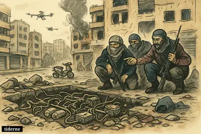 A damaged Beirut street reveals hidden explosives and wires as armed figures crouch nearby amid rubble and smoke.