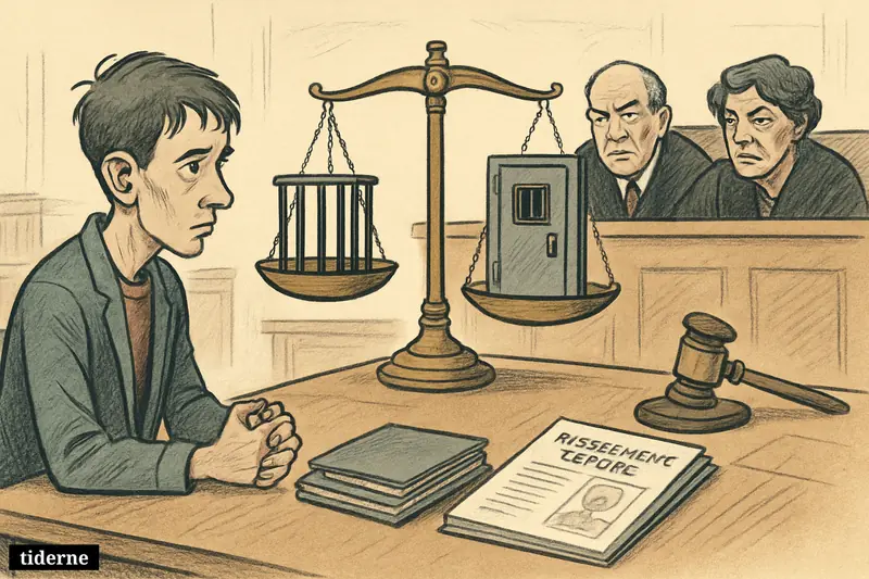 A tense courtroom scene shows a youthful defendant facing judges, with scales balancing prison bars against indefinite detention symbols.