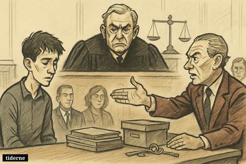 A young defendant faces a stern prosecutor and an elevated judge in a courtroom focused on detention and serious criminal charges.