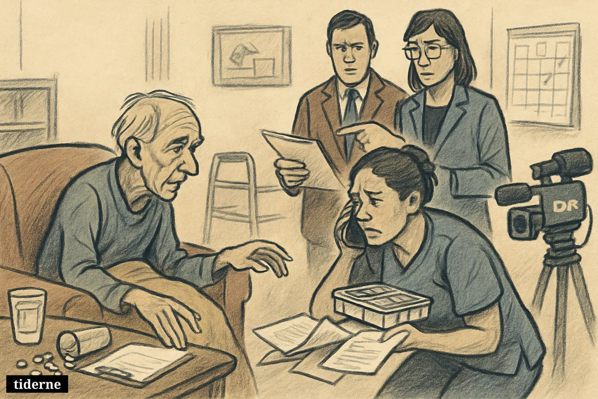 An elderly resident, a stressed home-care worker, and two inspectors in a cluttered apartment with spilled medicine and neglected care documents. (AI-genereret illustration)