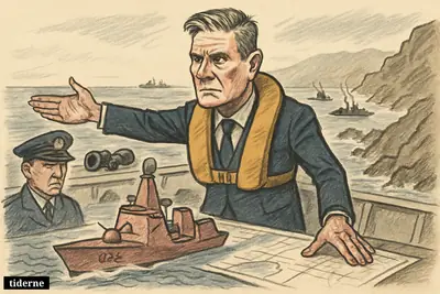 Keir Starmer on a warship deck gestures toward the Strait of Hormuz as HMS Dragon escorts cargo ships through tense waters.