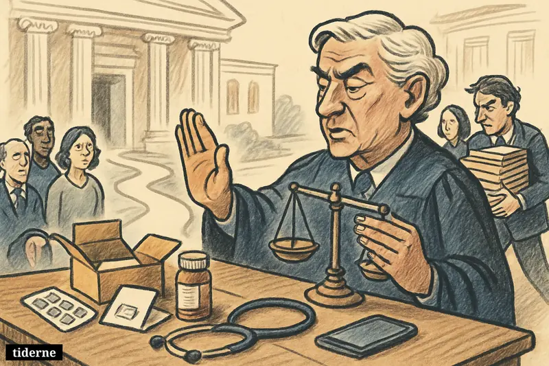 A judge in a courthouse pauses a legal fight as mailed medication, telemedicine tools, and anxious patients fill the scene.